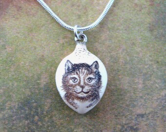 Tiny cat kitten scrimshaw technique resin pendant necklace