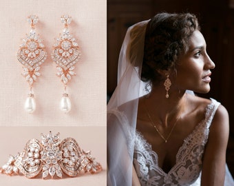 Rose Gold Bridal Bracelet, Crystal Bridal Earrings, Crystal Bridal bracelet, Wedding Bracelet, Long Chandelier Earrings, London Jewelry SET