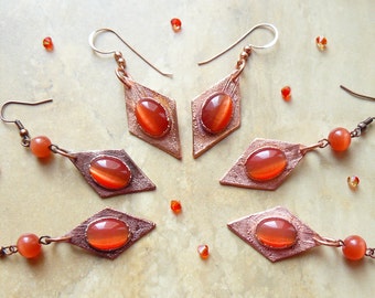 Long earrings from cat eye glass, electroformed, copper earrings, cat eye glass earrings, statement earrings