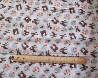 White Woodland Animal Faces/Fox/Possum/Squirrel/Bear Cotton Fabric by the Yard