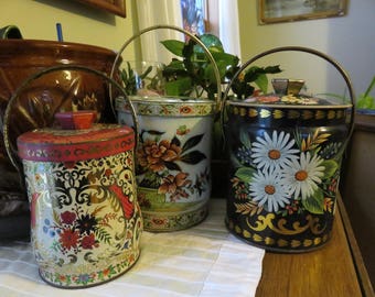 Lot of Three Beautiful, Vintage, Floral Tin Containers- Lids and Handles- All Made in England- Regal Crown, Murry-Allen Imports