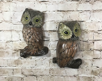 Pair of Mid Century Modern Chalkware Hand Painted 10" Owl Wall Hangings Vintage Decor