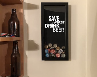 Save Water Drink Beer - Beer Cap Collection - Shadow Box (6" x 14") - Vinyl Decal Gifts, Home Bar Accessories