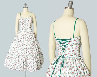 Vintage 1950s Dress | 50s Rose Floral Print Cotton Sundress White Lace Up Corset Tiered Circle Skirt Day Dress (small)