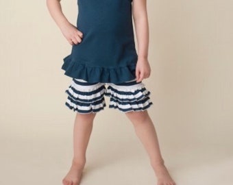 Girls blue and white striped ruffle shorts