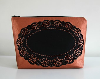 Copper screen printed doily zip bag/clutch/pouch