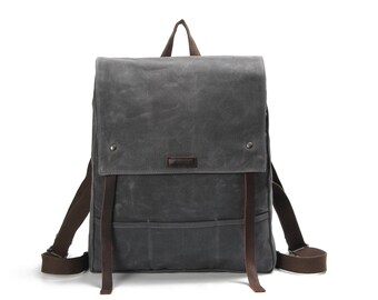 Flap-top Waxed Canvas Leather Strap Backpack (Grey)