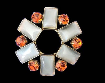 Vintage Smokey Gray Moonstone and Orange Prong Set Rhinestone Circle Scarf Brooch Mid Century Modern Jewelry Gold Tone