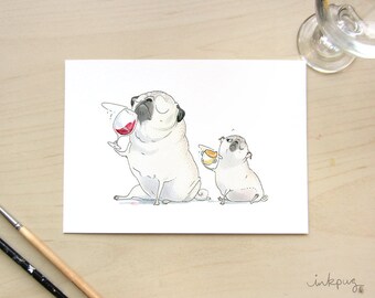 The Sommeliette wine pug art print - pugs and wine art, cute pug painting for kitchen, wine cellar or wine decor by Inkpug