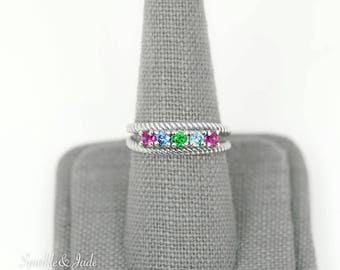 Personalized Roped Mother's Family Birthstone Ring with 1 2 3 4 5 6 or 7 Stones in .925 Sterling Silver; 14k White or Yellow Gold