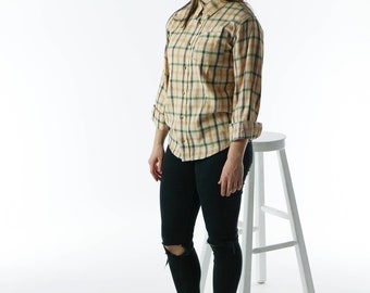 Plaid Flannel Button Up / Lumberjack Beige Shirt / Cozy Pastel Fall Shirt