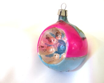 Vintage Christmas Ornament, Blue and Pink Poland Indent Ornament