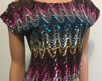 1980's Top 80's Party Top Disco Top Party Top Disco Party Shirt Shiny Top Sequined Top Sparkle Top Rainbow Top Disco Ball Top Med