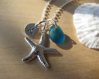 Teal Blue Sea Glass Necklace Personalized Stamped Initial Starfish Jewelry Teal Green Beach Glass Bridesmaids Gifts Beach Wedding