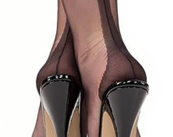 Fully Fashioned Seamed Stockings, Nylons, made in England, 1950's original pattern, Black sheer 15 denier sizes 8 1/2 up to size 11