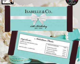 Candy Bar Wrapper 25th birthday party favors, Breakfast at co blue labels Customizable 2 Per/Sheet 5.25x5.75" {Realistic Satin Ribbon}