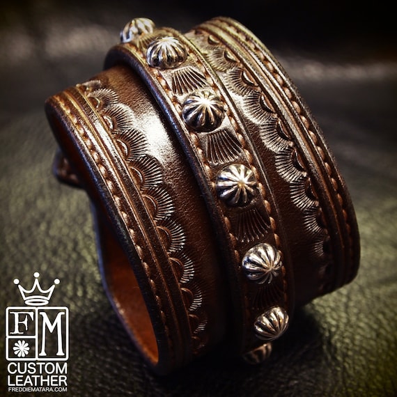 Leather Wrist Cuff BrownTraditional American Cowboy ROCKSTAR Bracelet wristband Handmade for YOU in New York by Freddie Matara!