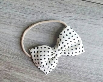 black polka dot bow, fabric bow, baby nylon headband, baby headband, toddler bow, black and cream bow