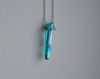 Necklace I Aqua aura quarts pointed necklace blue rainbow aura