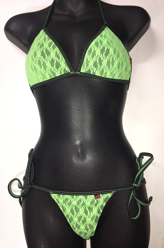 35%OFFSALE *** MissManeater VANDALIZE thin bind fixed triangle bikini top with thin bind tie side boutique bikini pant *** THONG micro cut!