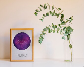 Watercolor • Aquarius • Water man • Zodiac sign • Logo • A5
