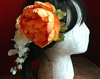 Orange Sherbet Hair Clip Fascinator - Vegan, Short Hair, Wig Clip, ATS, Tribal, Belly Dance, Autumn, Mum, Orange, White, Wisteria