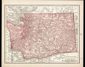 Small Washington Map of Washington State (Antique Wall Art Print, Map Wall Decor, Vintage Color Map) Old 1900s Atlas Map No. 95-3