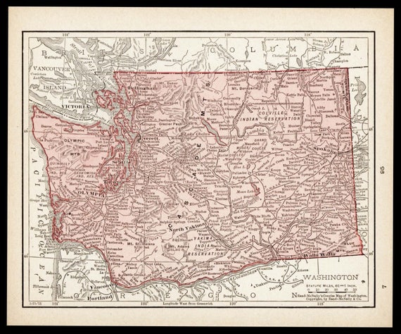 Small Washington Map of Washington State Antique Wall Art