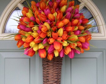 Spring Wreath - Spring Tulip Wreath - Spring Tulip Door Basket