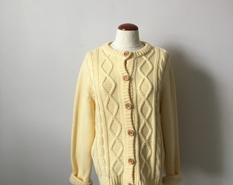 Vintage 70s, 1970s cable knit cardigan sweater, comfy sweater, button down, L