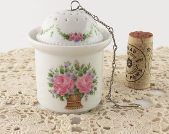 Vintage 3 piece Tea Ball with Caddy, Porcelain W Germany Kaiser Tea Marseille Infuser Strainer, Pink Roses Garland Basket