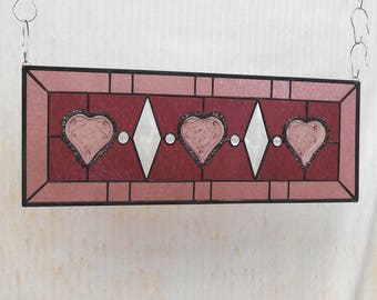 Victorian Look Stained Glass Window Transom w/ Vintage Sandwich Glass Tiara Hearts, Antique Stained Glass Panel, Traditional Window Valance