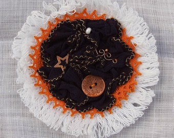 Brooch Navy Blue, orange and white "fringe"