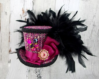 Fuchsia and Black Medium Mini Top Hat Fascinator, Alice in Wonderland, Mad Hatter Tea Party, Derby Hat