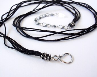 60cm Black Hemp Necklace ~ 24 inches ~ Handcrafted with Eco-Friendly Recycled Sterling Silver ~ Extension Chain with Clear Quartz Drop