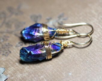 Blue Quartz Point Earrings Quartz Crystal Gold Earrings Rustic Jewelry