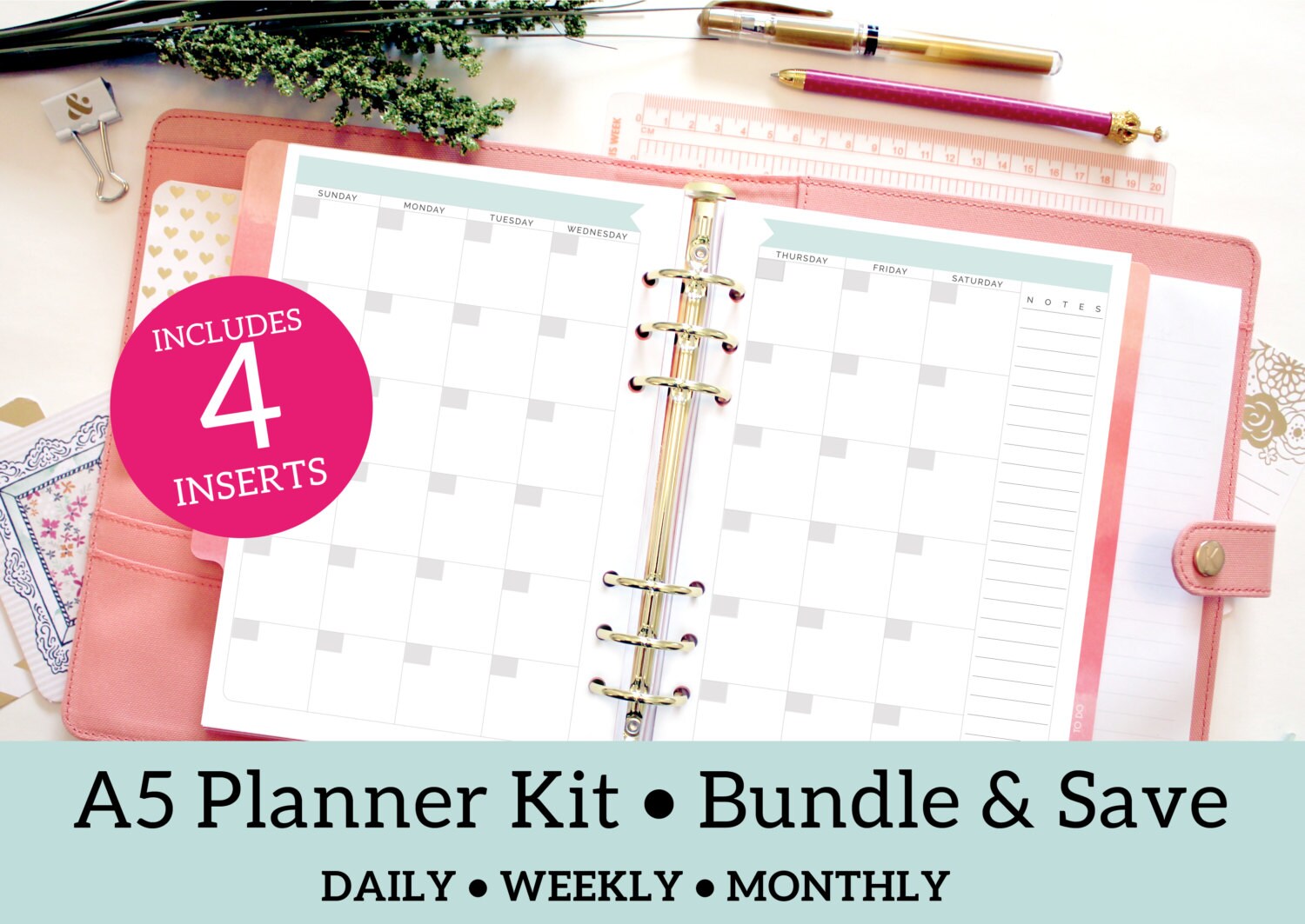 A5 Planner Starter Kit Bundle Pack with daily weekly and