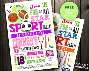 All Star Birthday Invitation, Sports Invitation party, Boy girl sport invite blue pink printable ticket football baseball soccer tennis