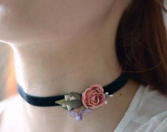 Victorian choker, rose necklace, velvet choker, black ribbon choker, bridal necklace, floral necklace, jewelry, chokers, blush pink roses
