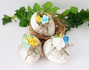 Decorated Floral Eggs, Aqua & Yellow Easter Decor, Cottage Home Decor