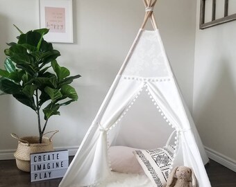 White Pom Pom Teepee WITH POLES, Canvas Teepee, Pom Pom Fringe, Play tent, Kids Teepee, Nursery