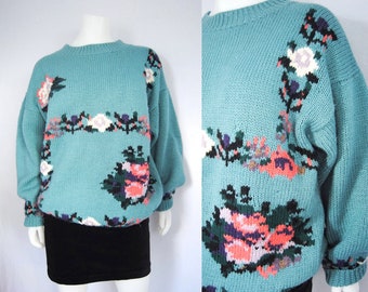80s pastel floral sweater -- vintage oversized sweater, seafoam green, baggy, slouchy, 1980s 80s, s/m