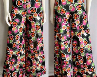 Vintage Women's 70's High Waisted, Floral Pants, Black, Neon, Polyester, Wide Leg (M)