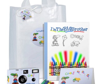 I'm The Big Brother Gift Bag -- full of goodies in BLUE -- camera, photo album, coloring book, crayons, gift tag - can be PERSONALIZED