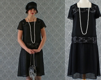 Black flapper dress with chiffon and lace with flutter sleeves, Gatsby dress, 1920s flapper dress, Downton Abbey dress, Charleston dress