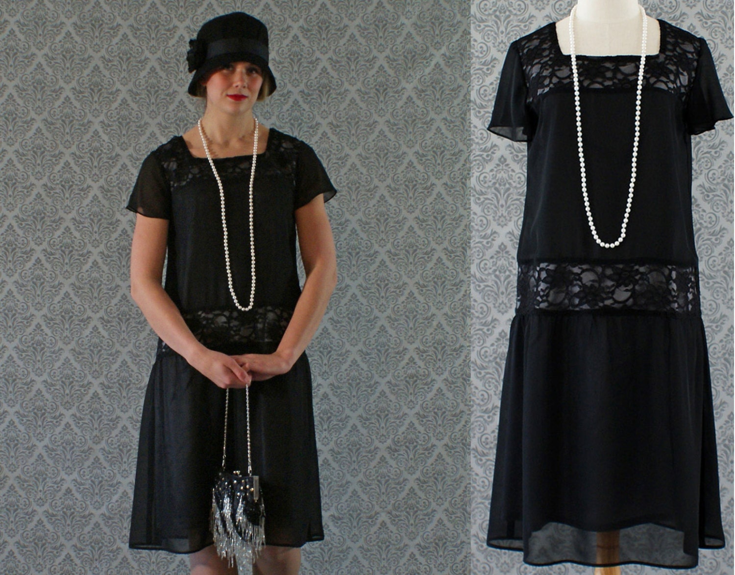 Black Flapper Dress With Chiffon And Lace Flutter Black Flapper Dress With Chiffon And Lace Flutter