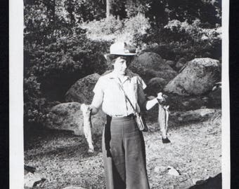 Vintage Snapshot Photo Woman Posing with Fish Caught Catch of the Day 1940's, Original Found Photo, Vernacular Photography
