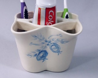 Toothbrush holder, White and blue Ceramic toothbrush holder, Ceramic toothpaste holder, Bathroom accessories, Bathroom set, popmegranate
