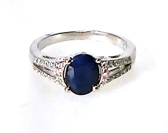Vintage Deco Ring Natural Blue Sapphire 14K White Gold Coated 925 Silver