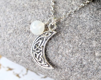 Celtic Moonlight over Lia Fáil- Sterling Silver Celtic Moon Pendant with Moonstone Gemstone on Sterling Silver chain
